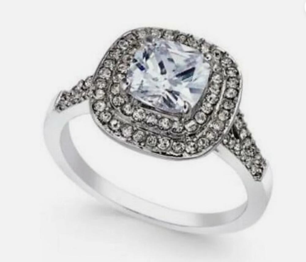 Women’s Charter Club Silver Tone Double Halo Crystal Center Ring Size 9 New